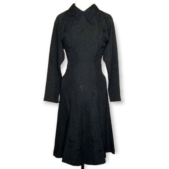 Vintage 80s Ann Taylor Black Textured Long Sleeve Midi Dress With Pointed Collar - Picture 1 of 13